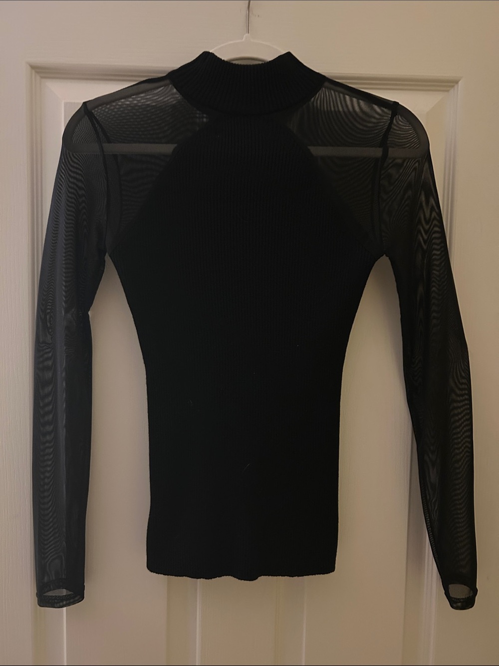 Crave Fame Black Ribbed Mock-Neck Top with Sheer Long Sleeves